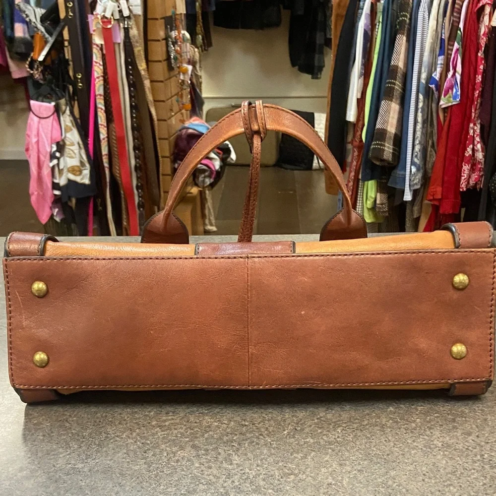 Fossil Two-Tone Tan and Brown Leather Satchel with Key Charm